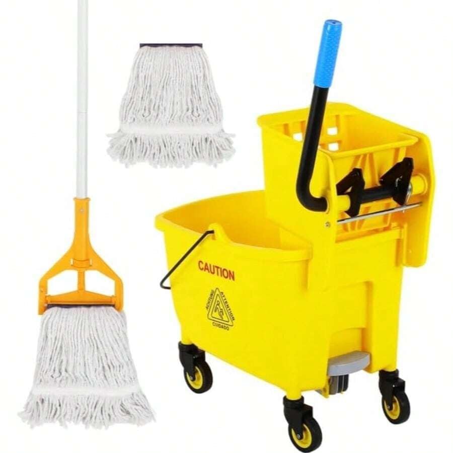 Commercial Mop Bucket with Drain and Wringer 35 Quart Yellow V376