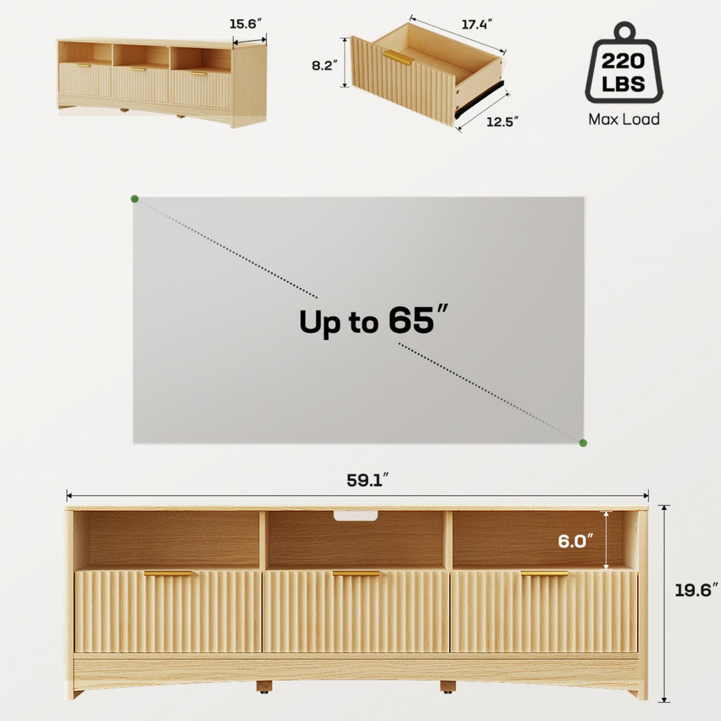 59″ Wide 3 Drawer TV Stand with Open Shelves, Natural Oak O49410