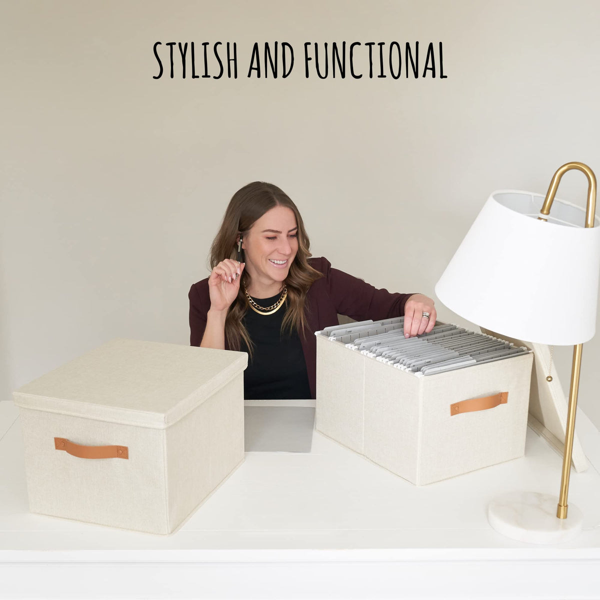 Collapsible Linen File Organizer Box Set of 2 A204