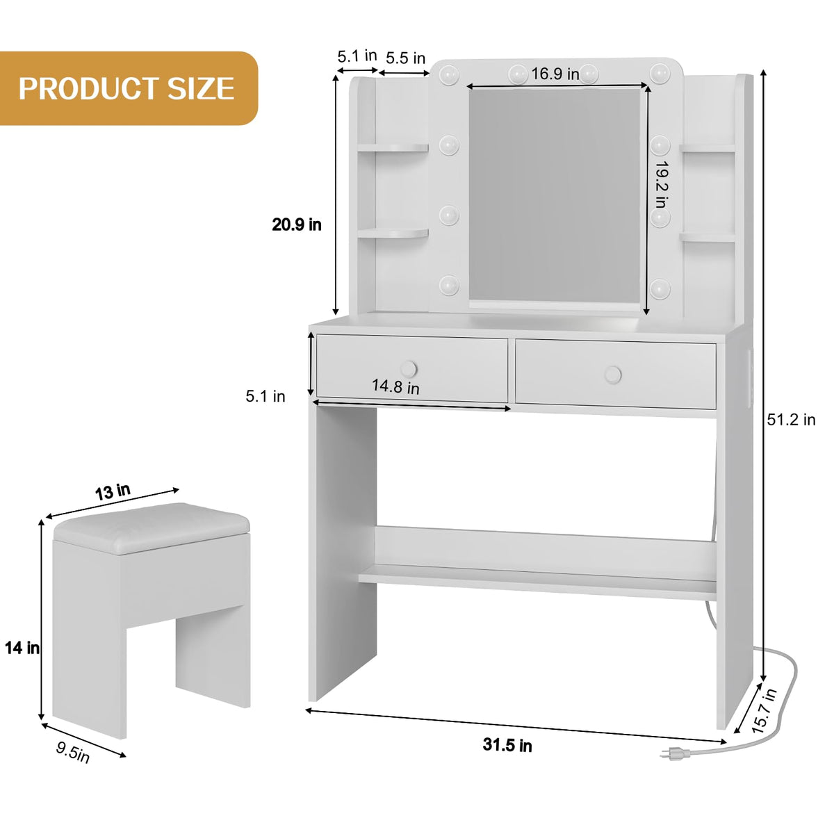 White Vanity Desk with Mirror and Chair Set P8913