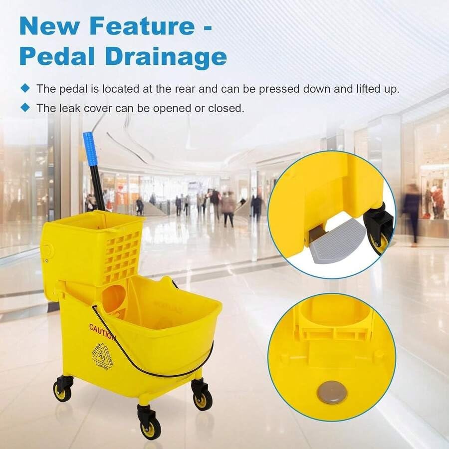 Commercial Mop Bucket with Drain and Wringer 35 Quart Yellow V376