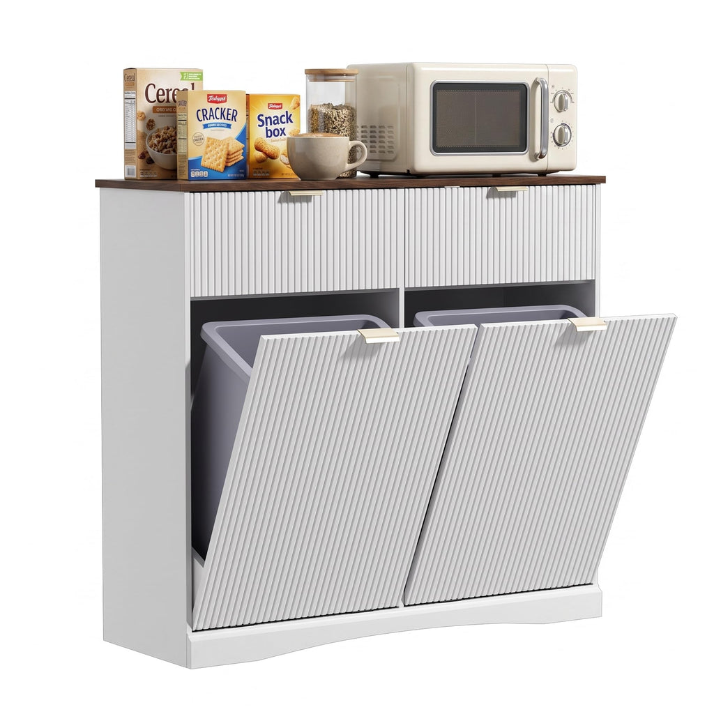 Double Tilt Out Trash Cabinet, 2x10 Gallon Fluted Hidden Laundry Hamper with Drawers, White and Dark Walnut S903304