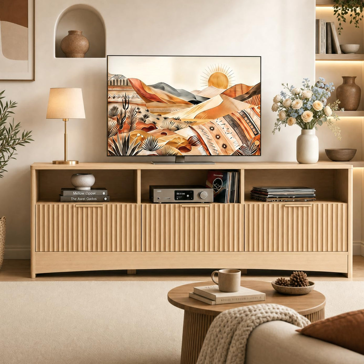 59″ Wide 3 Drawer TV Stand with Open Shelves, Natural Oak O49410