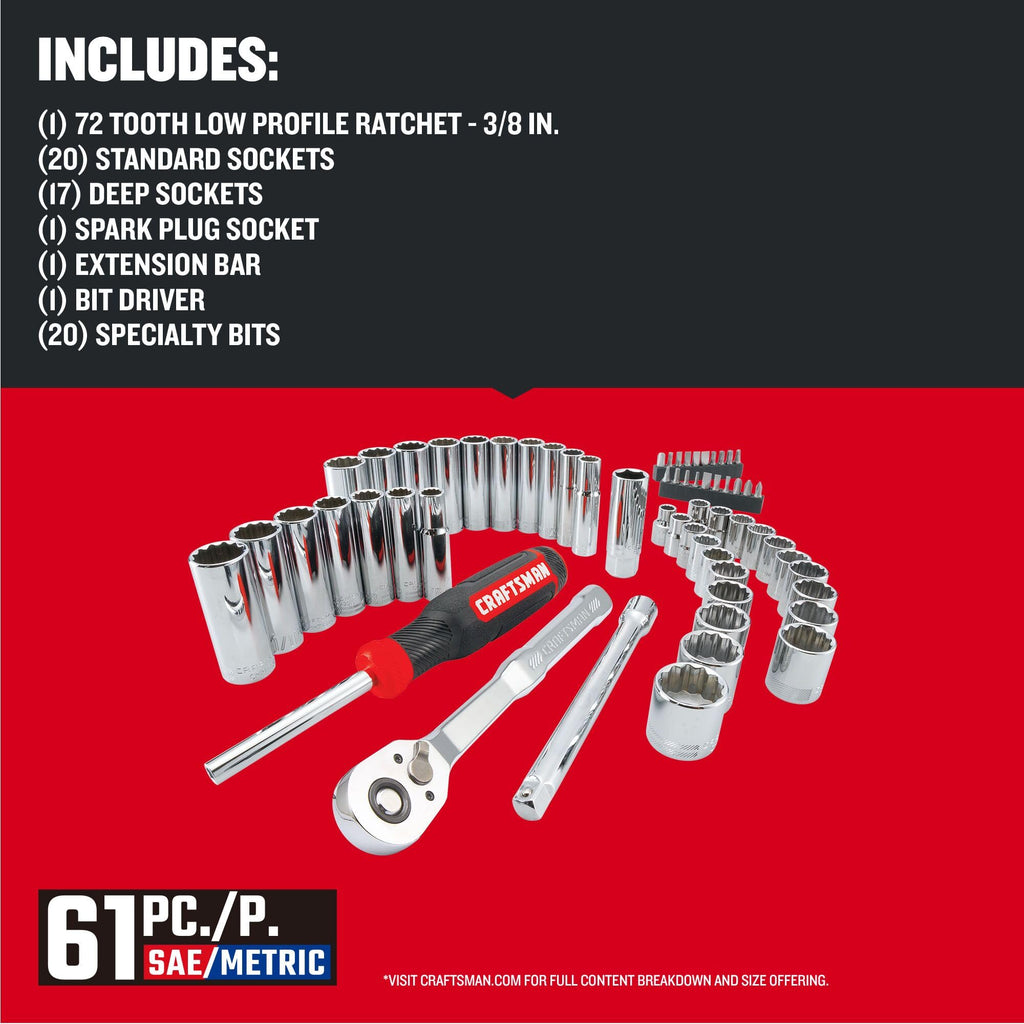 Mechanics Tool Set, 3/8 Inch Drive, 61 Piece V124