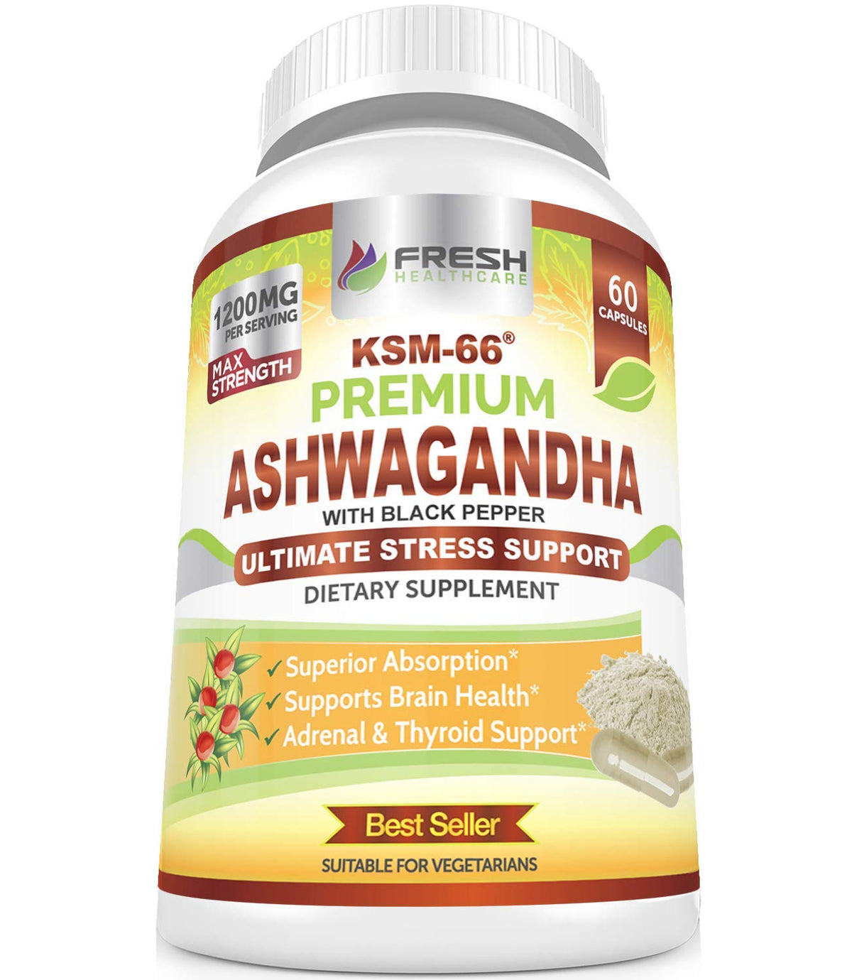 Ashwagandha Capsules 1200mg Root Extract with Black Pepper 60 Vegan Capsules K753997