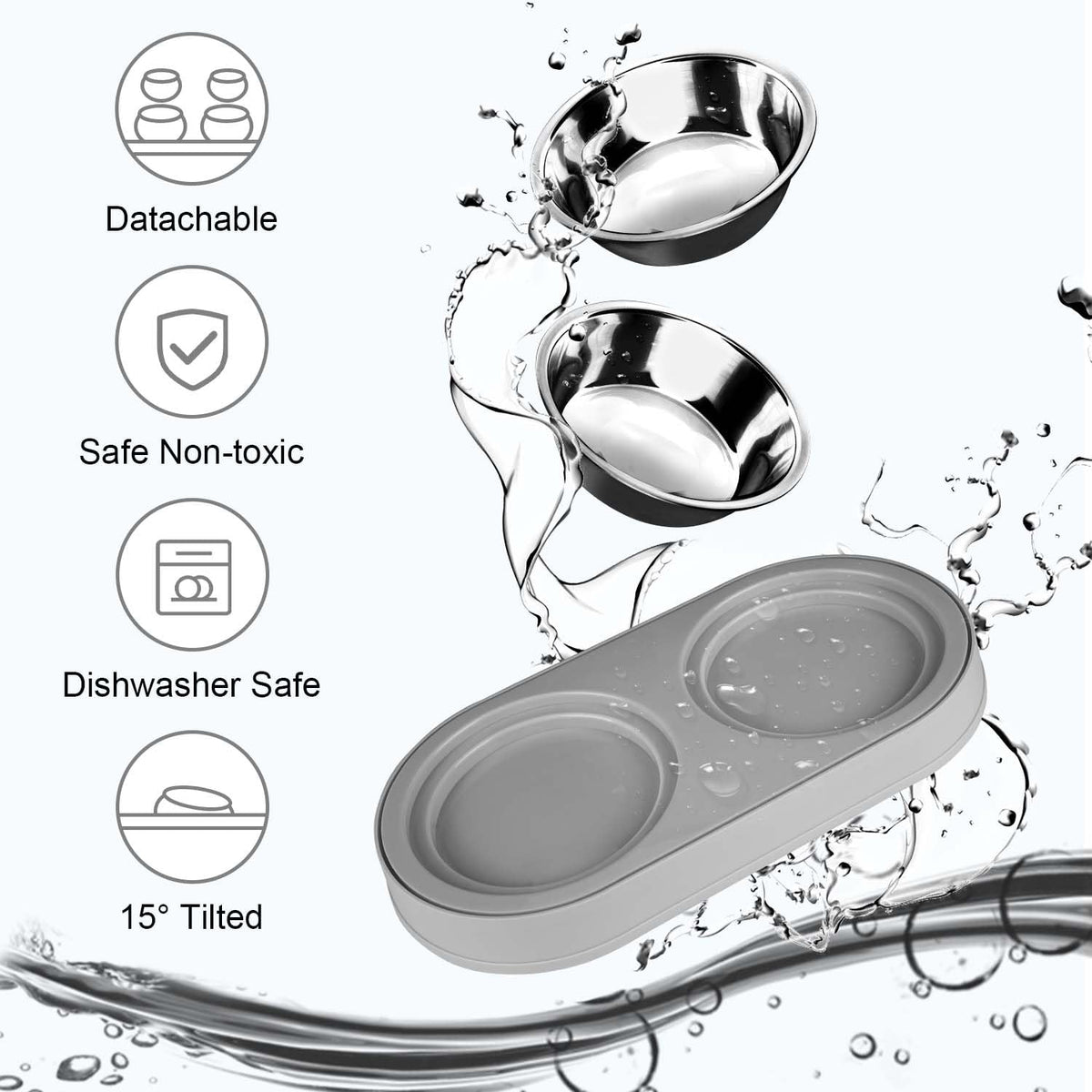 Tilted Stainless Steel Cat Food and Water Bowl Set N949