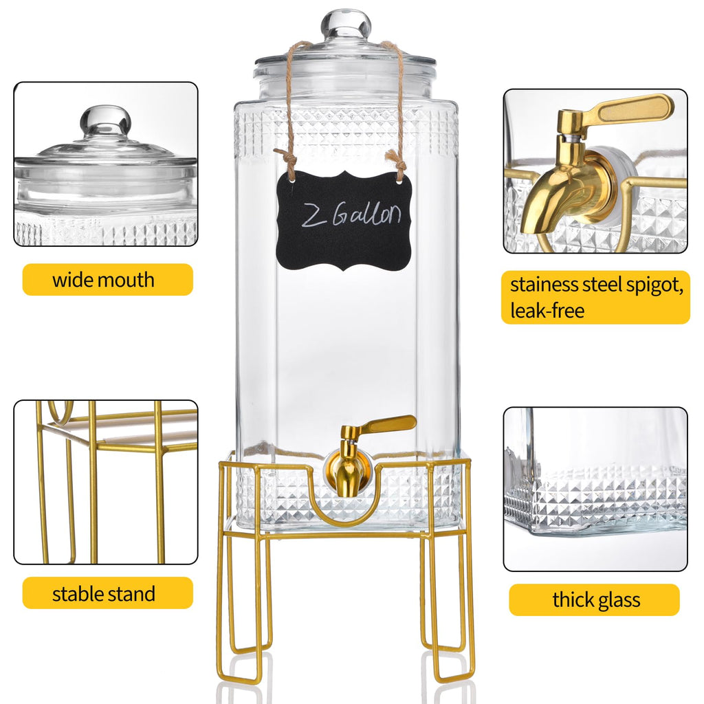 2 Gallon Drink Dispenser with Stand, Glass Lid and Stainless Steel Spigot T5701