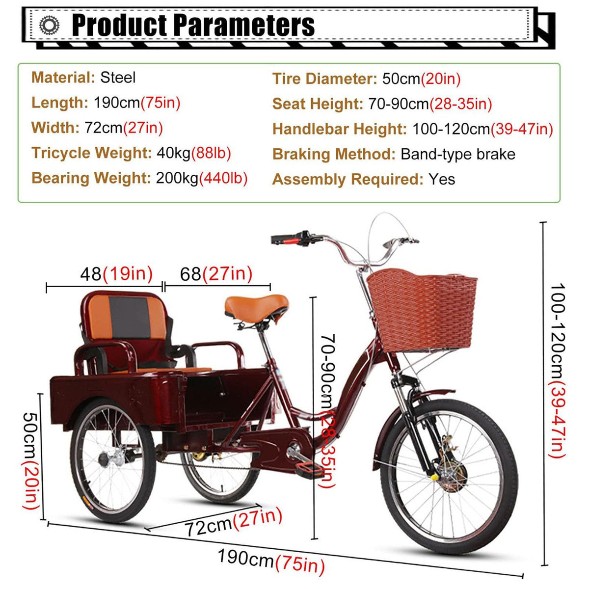 20 Inch 3-Wheel Electric Tricycle with Front Basket & Cargo Carrier E457637