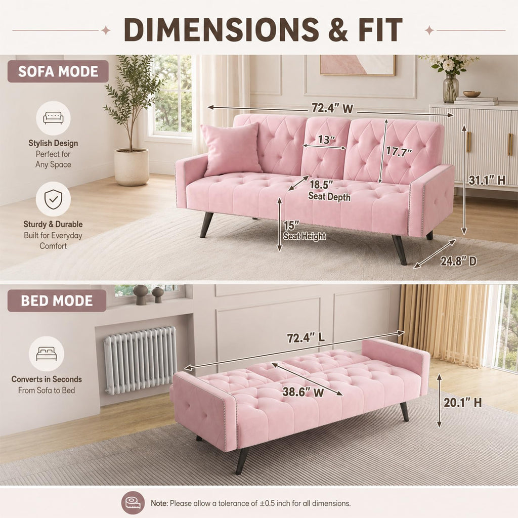 Pink Velvet 2 in 1 Futon Sofa Bed W24108