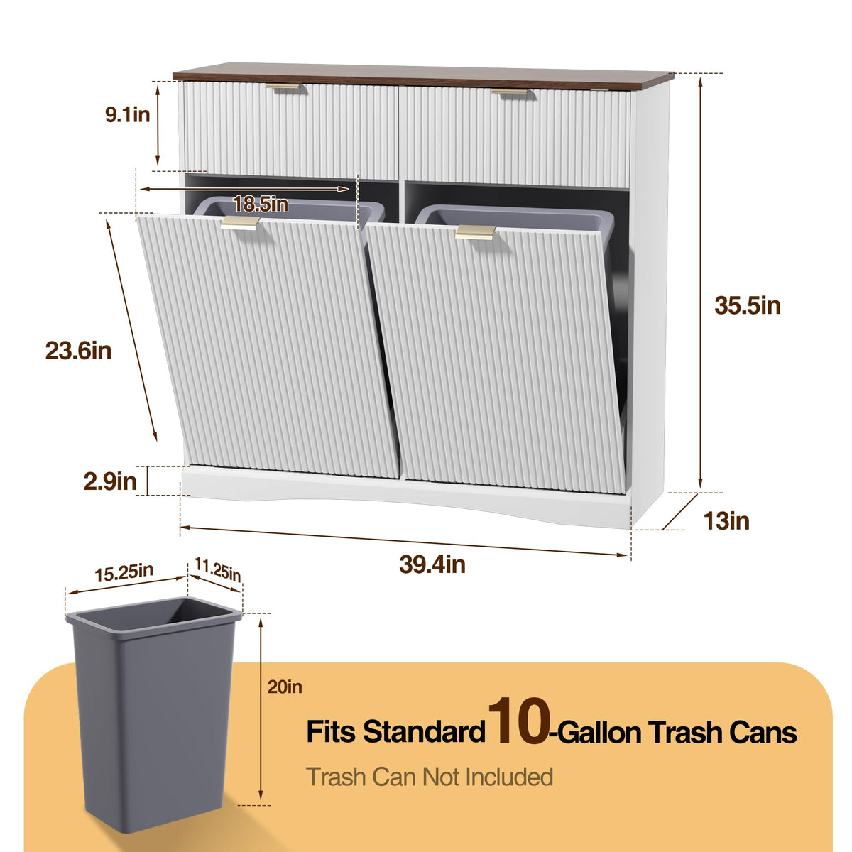 Double Tilt Out Trash Cabinet, 2x10 Gallon Fluted Hidden Laundry Hamper with Drawers, White and Dark Walnut S903304