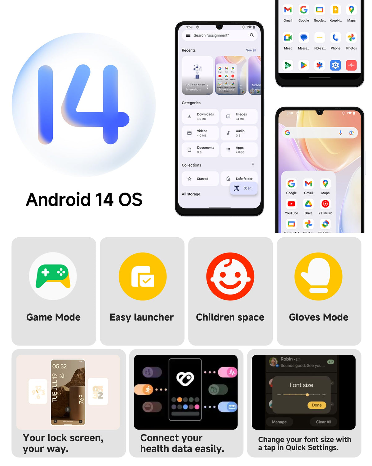 Unlocked Smartphone 8GB+128GB 6.75" 90Hz Android 14 50MP Camera 6000mAh White L3175