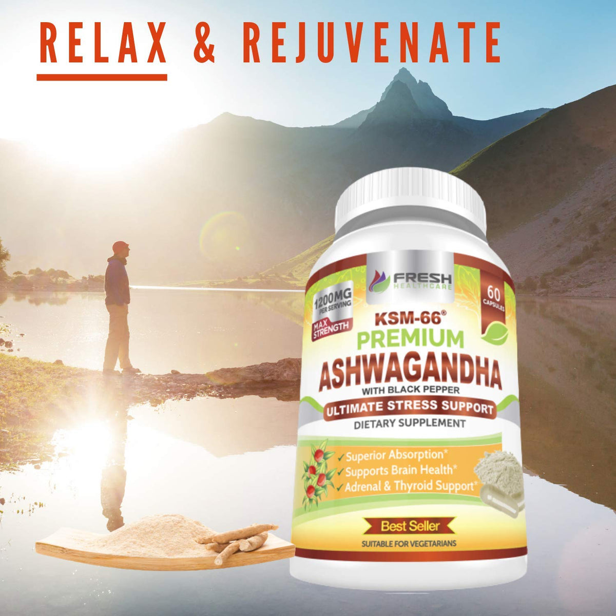 Ashwagandha Capsules 1200mg Root Extract with Black Pepper 60 Vegan Capsules K753997