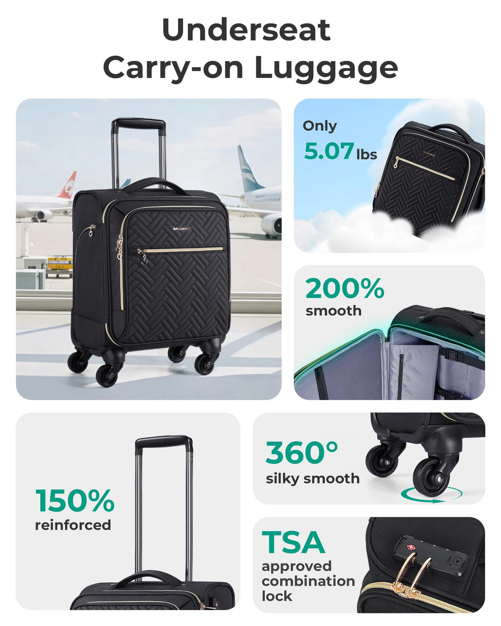 16-inch Softside Underseater Carry On Luggage with Spinner Wheels Black W39924