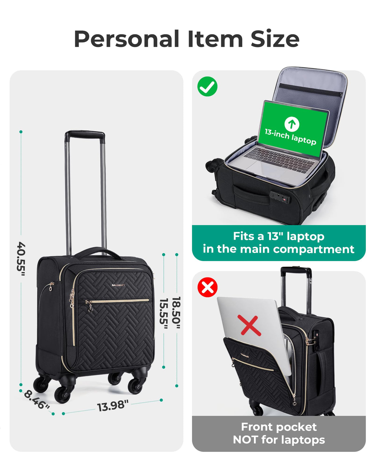 16-inch Softside Underseater Carry On Luggage with Spinner Wheels Black W39924