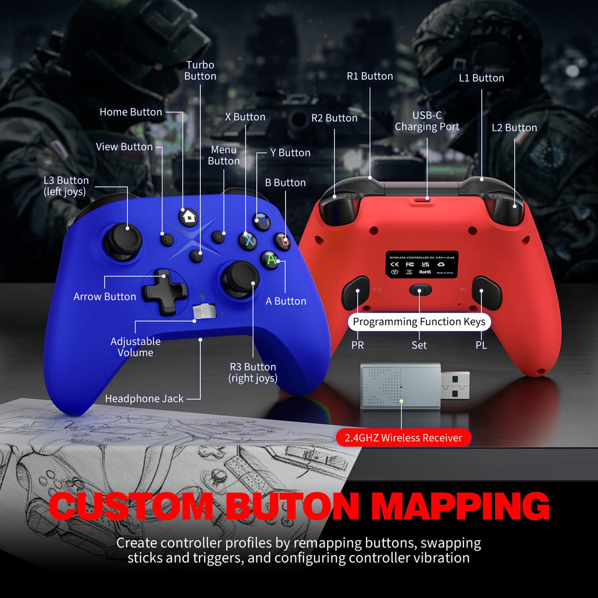 2 Pack Wireless Controller with Turbo Macro Hall Trigger Dual Vibration 3.5mm Audio Jack Built-in Battery 2.4GHz Adapter P6636