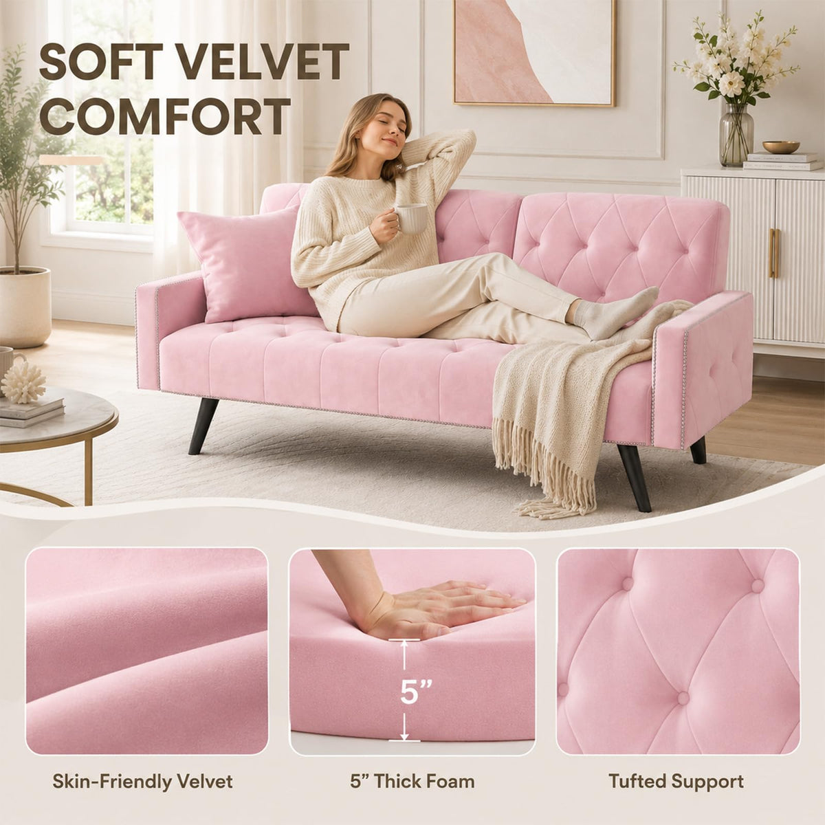 Pink Velvet 2 in 1 Futon Sofa Bed W24108