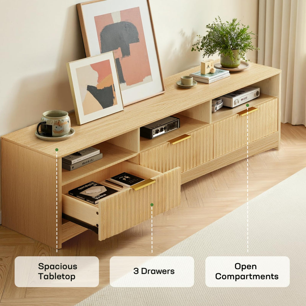 59″ Wide 3 Drawer TV Stand with Open Shelves, Natural Oak O49410