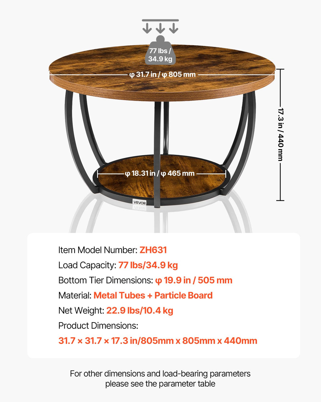 Round Coffee Table, 31.5" 2 Tiers Wooden with Metal Frame, Rustic Brown U81707