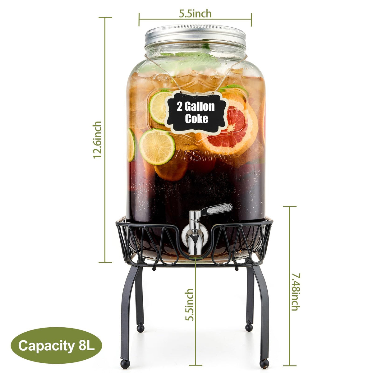 2 Gallon Glass Beverage Dispenser with Stand and Lid H392