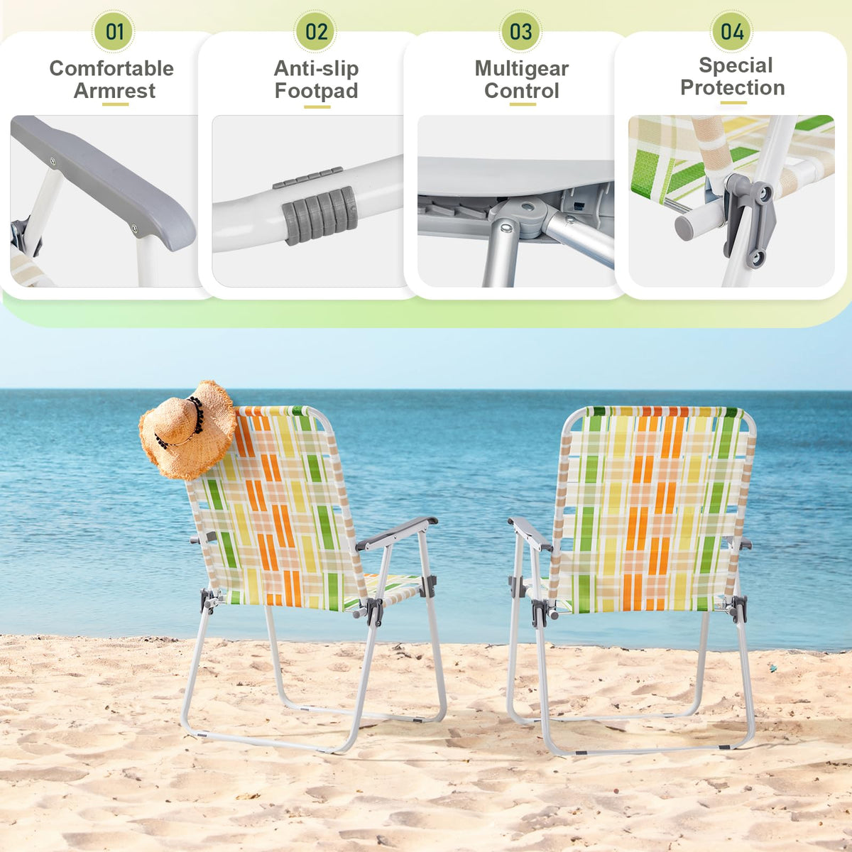 2 Pcs Lightweight Folding Beach Chairs with Armrests Y7380