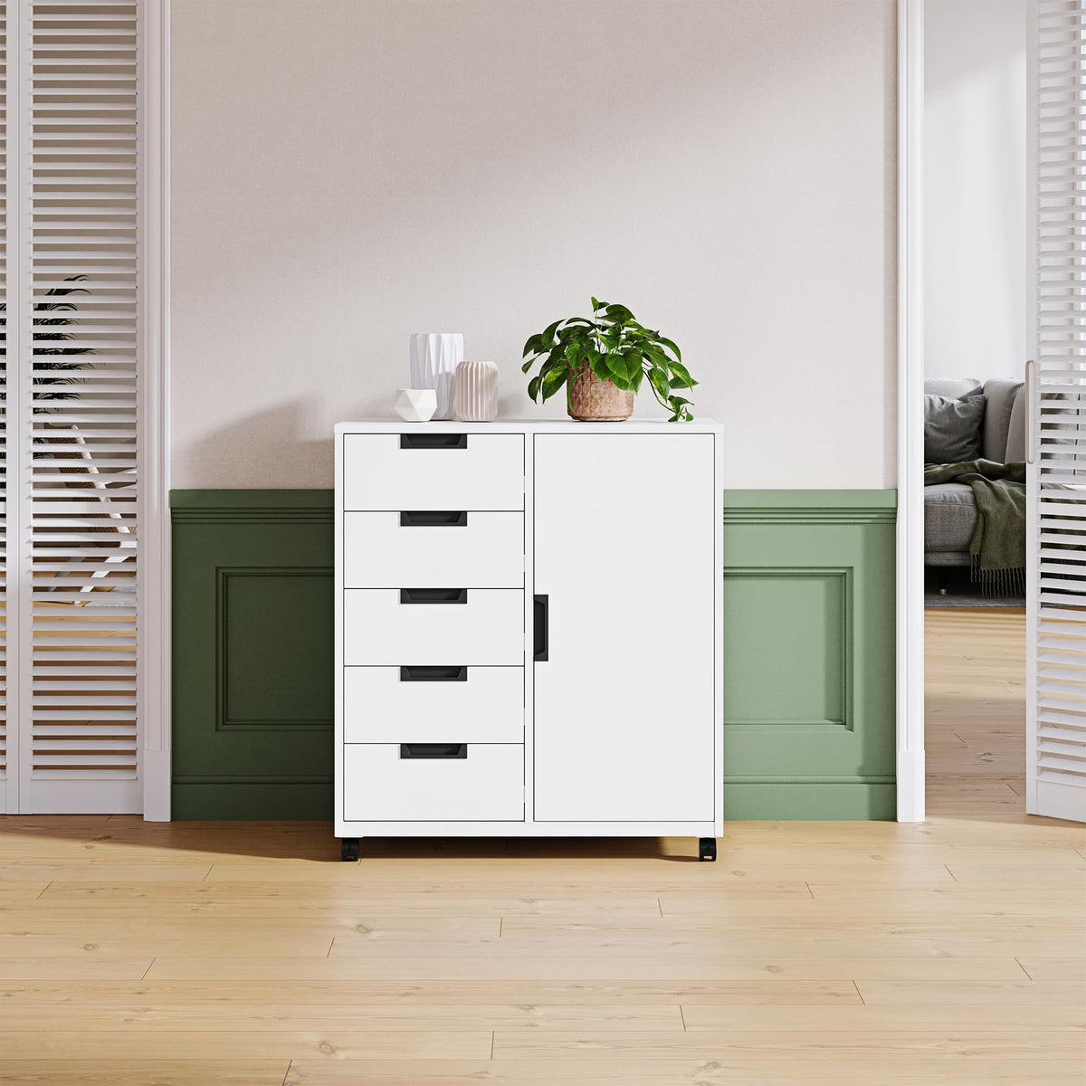 White 5 Drawer Storage Cabinet with Shelves and Door U6705