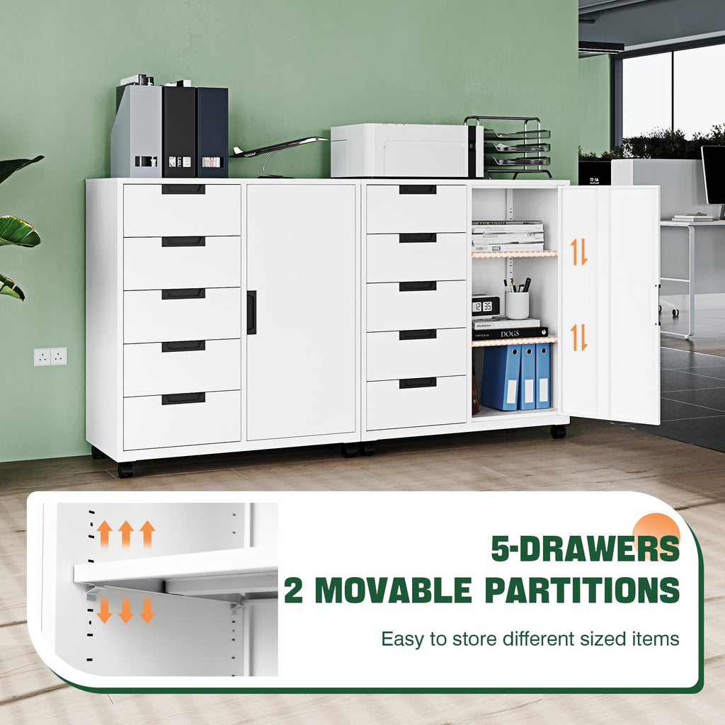 White 5 Drawer Storage Cabinet with Shelves and Door U6705