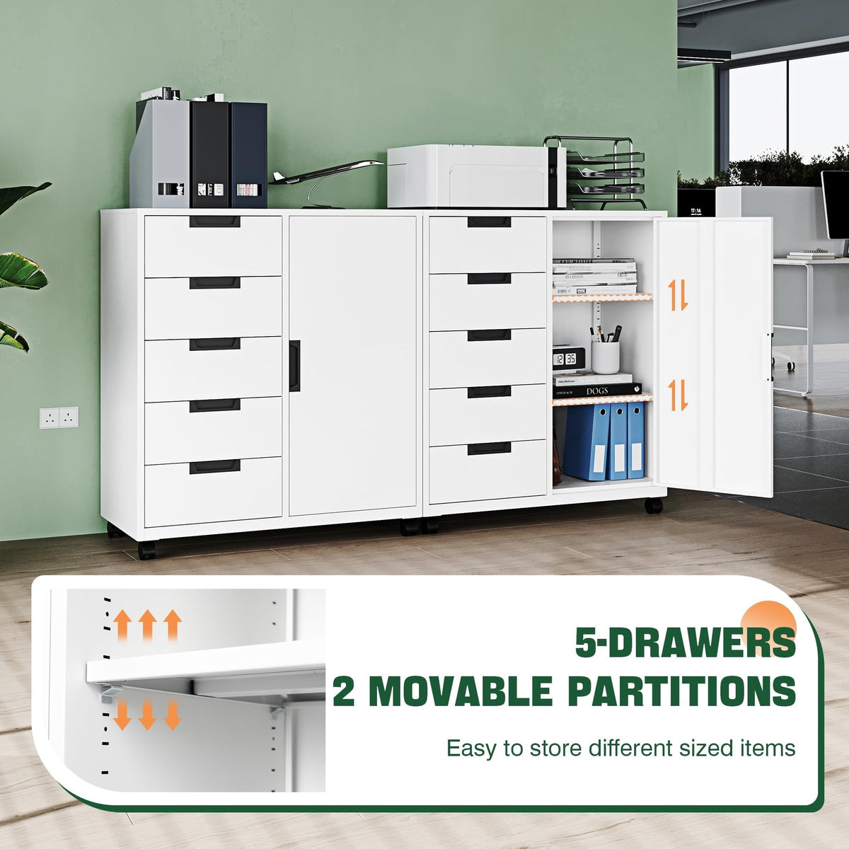 White 5 Drawer Storage Cabinet with Shelves and Door U6705