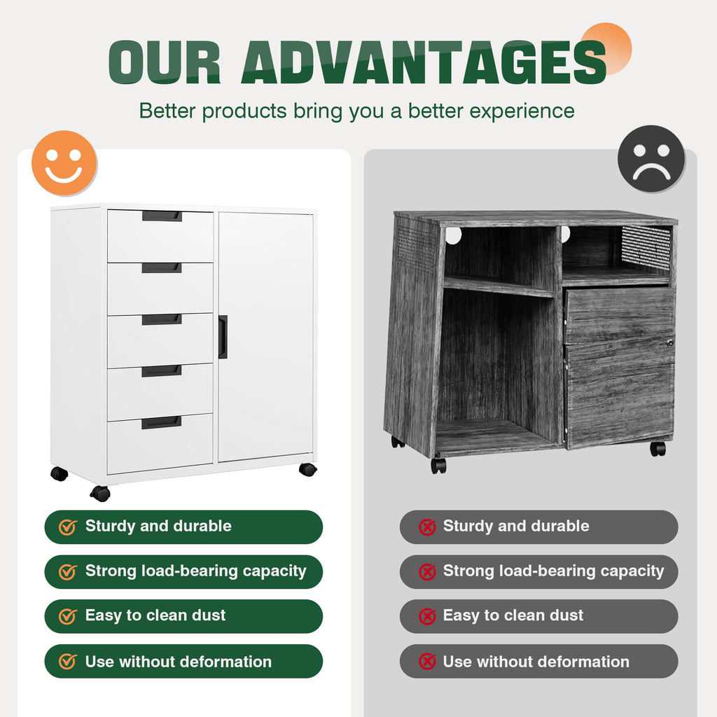 White 5 Drawer Storage Cabinet with Shelves and Door U6705