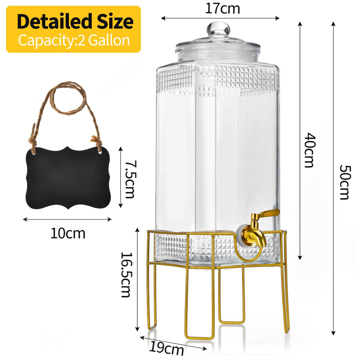 2 Gallon Drink Dispenser with Stand, Glass Lid and Stainless Steel Spigot T5701