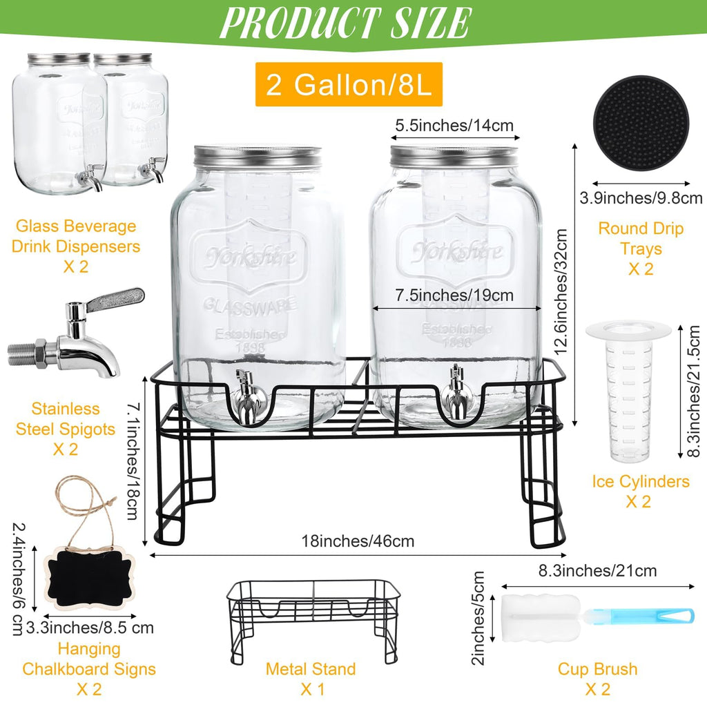 2 Pcs 2 Gallon Glass Beverage Dispenser with Stand D25712