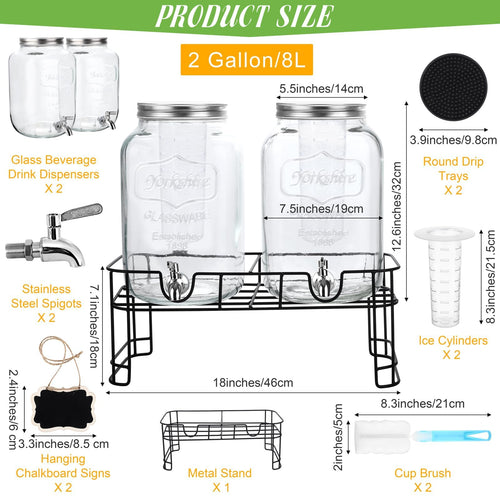 2 Pcs 2 Gallon Glass Beverage Dispenser with Stand D25712