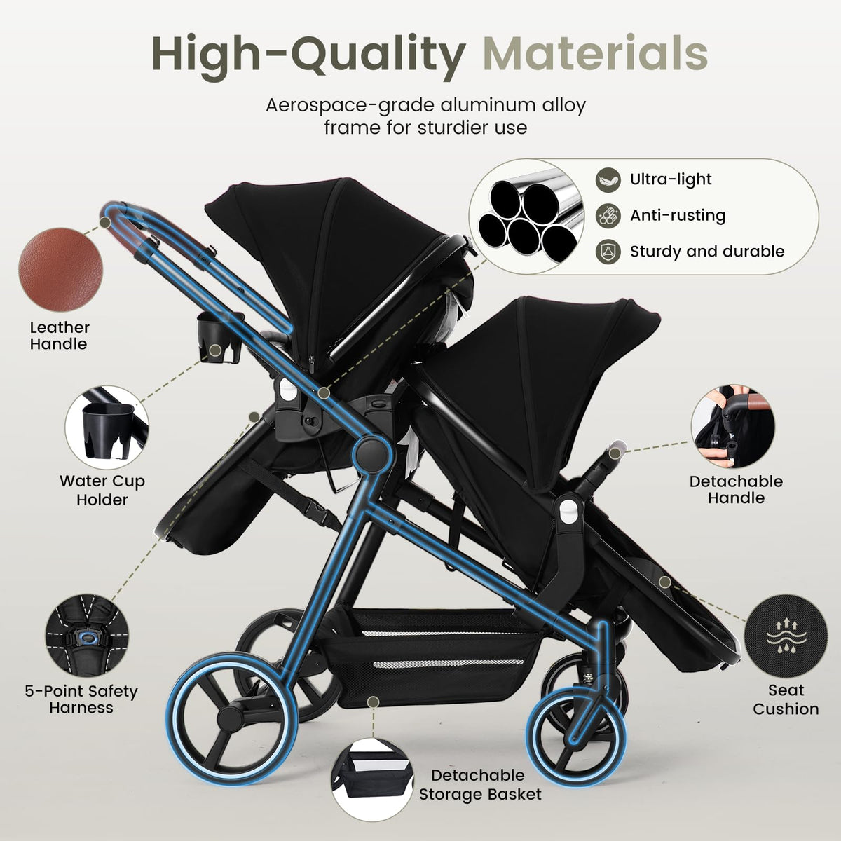 Foldable Tandem Double Stroller with Storage Basket L84994