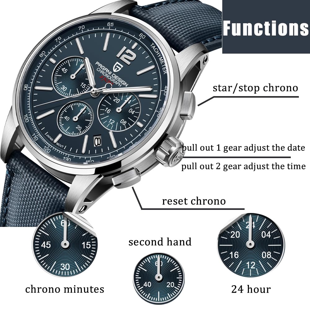 Men's Quartz Chronograph Watch, 100M Water Resistant Stainless Steel, Sapphire Glass, Nylon Strap X518