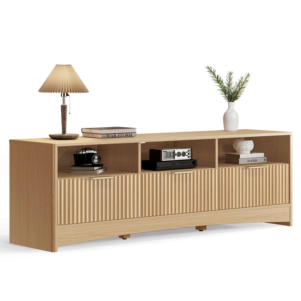 59″ Wide 3 Drawer TV Stand with Open Shelves, Natural Oak O49410