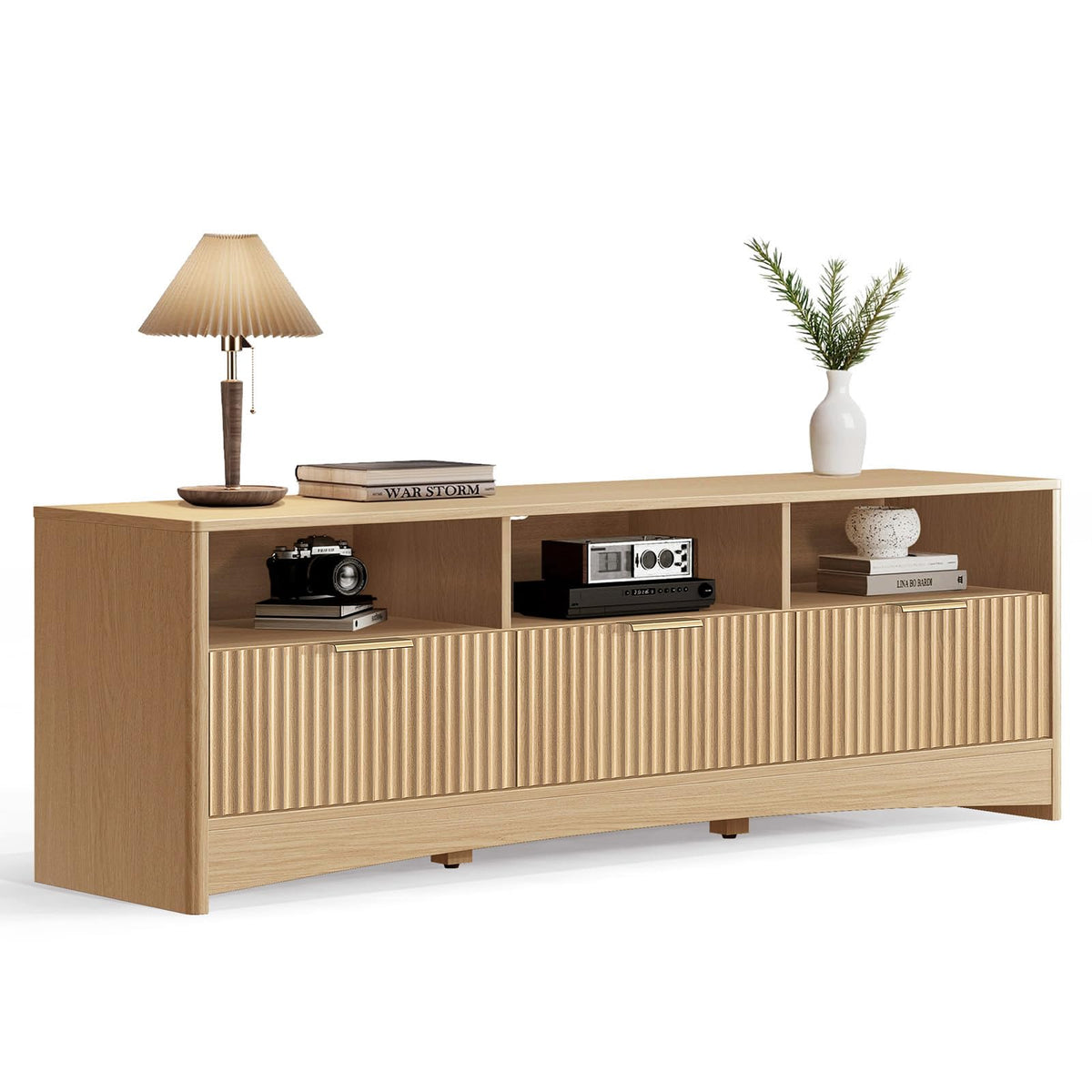 59″ Wide 3 Drawer TV Stand with Open Shelves, Natural Oak O49410