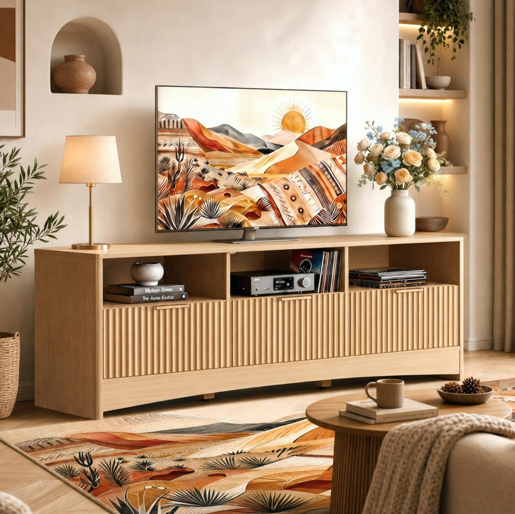 59″ Wide 3 Drawer TV Stand with Open Shelves, Natural Oak O49410