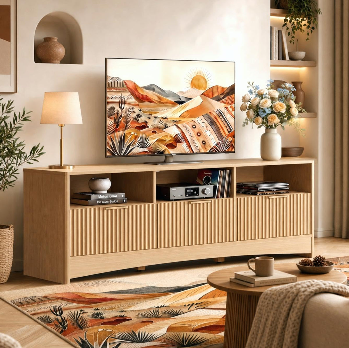 59″ Wide 3 Drawer TV Stand with Open Shelves, Natural Oak O49410