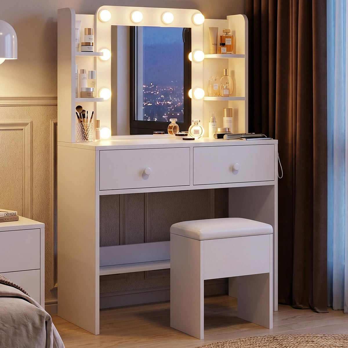White Vanity Desk with Mirror and Chair Set P8913