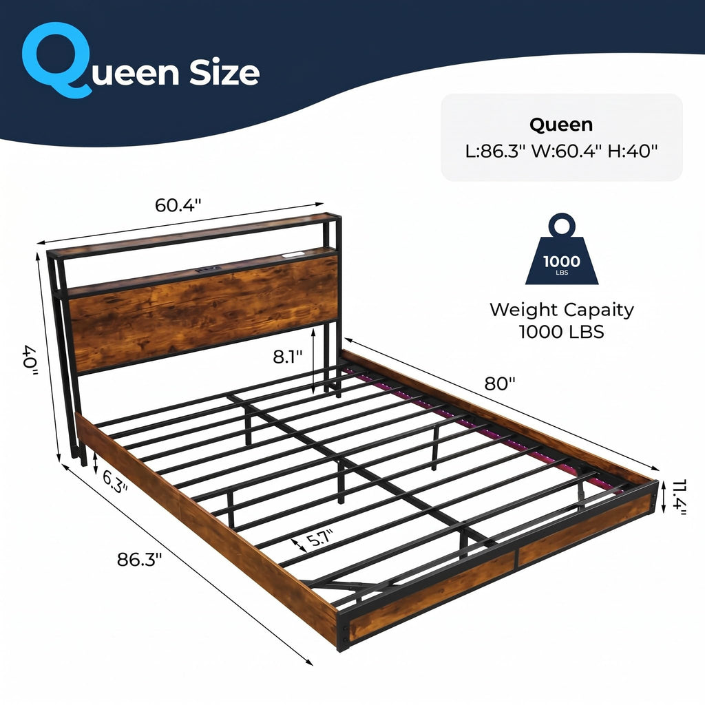 Queen Size Metal Platform Bed Frame with Storage Headboard L92346
