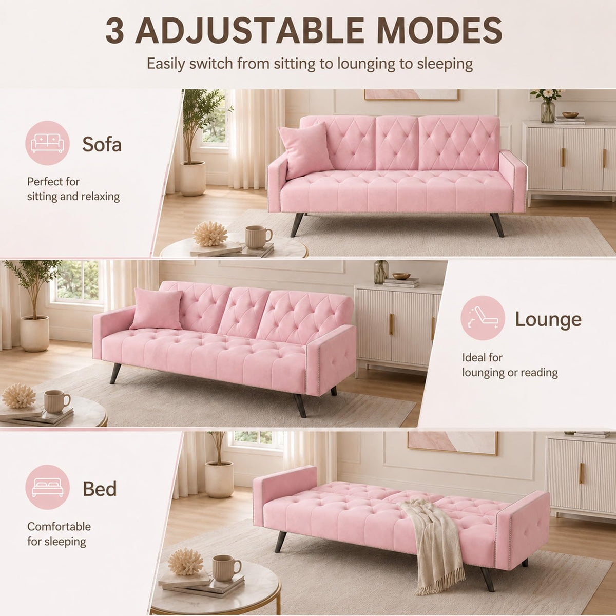 Pink Velvet 2 in 1 Futon Sofa Bed W24108