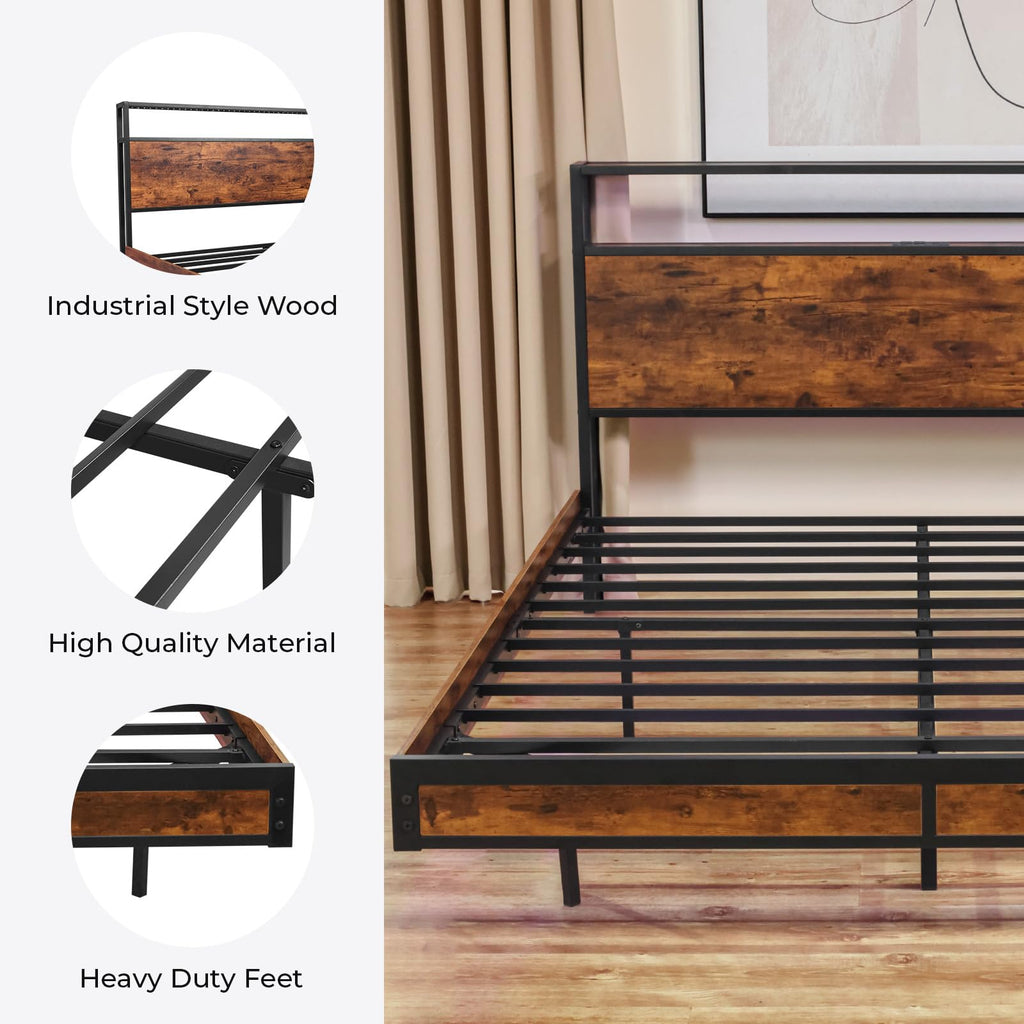 Queen Size Metal Platform Bed Frame with Storage Headboard L92346