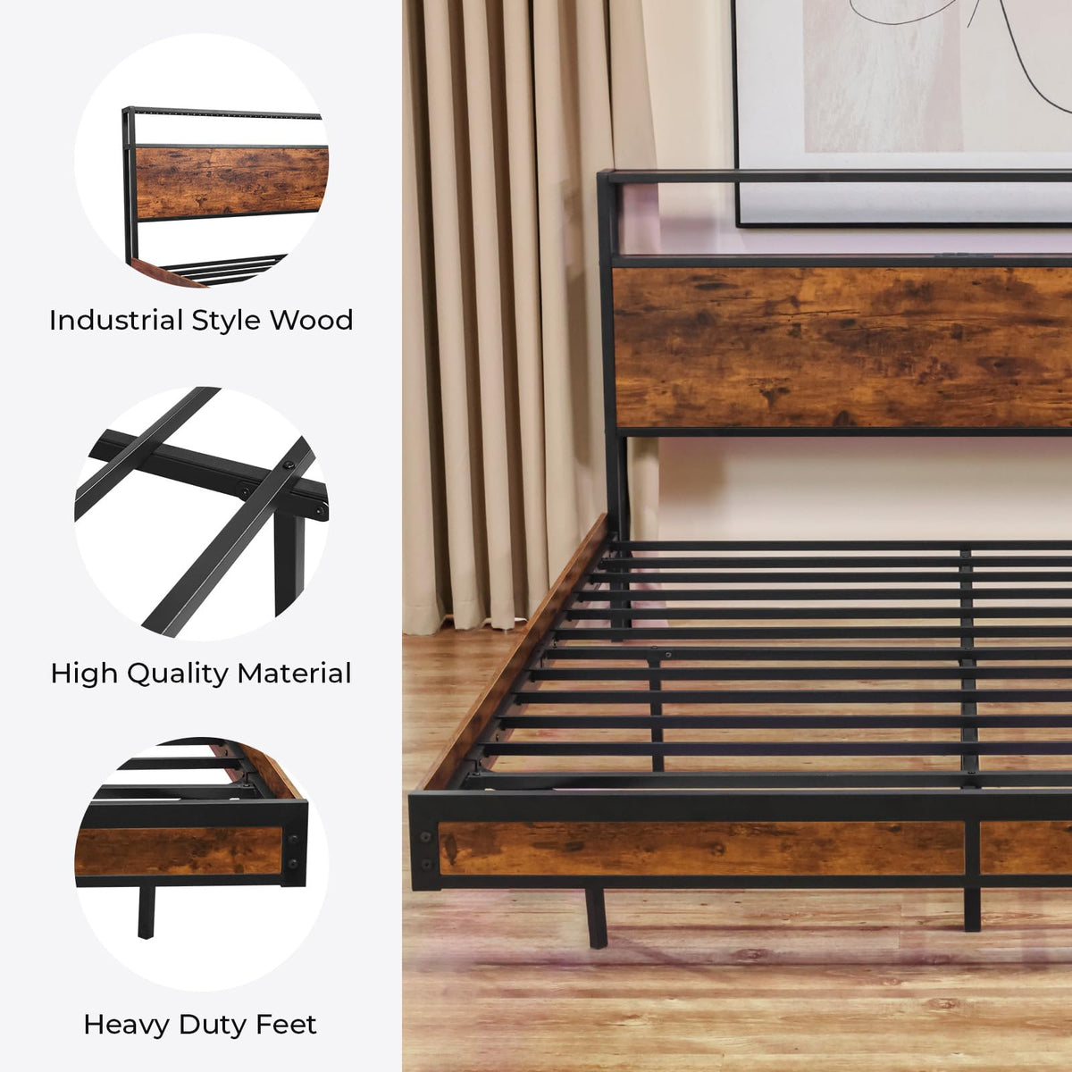 Queen Size Metal Platform Bed Frame with Storage Headboard L92346