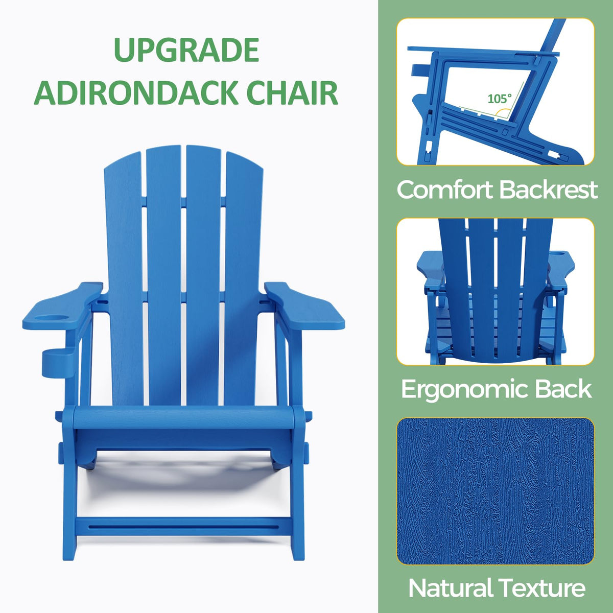 Klein Blue Plastic Adirondack Chairs Set of 2 with Cup Holder V16334