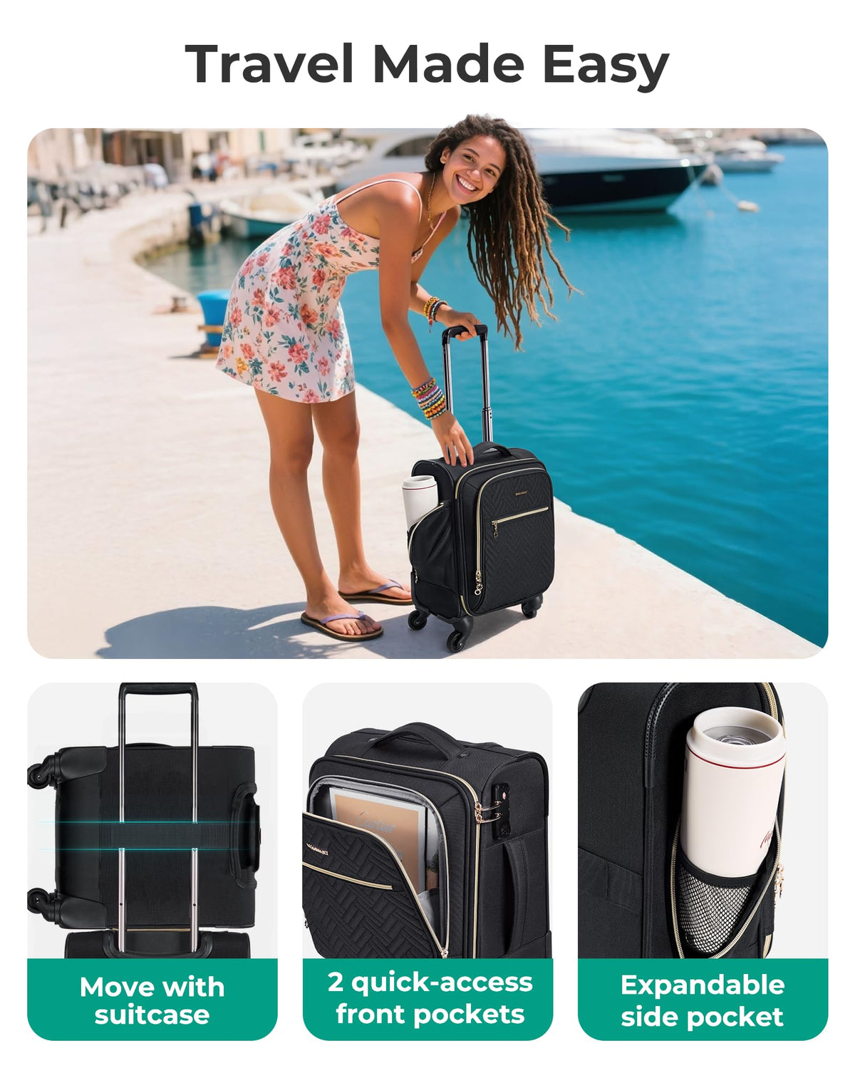 16-inch Softside Underseater Carry On Luggage with Spinner Wheels Black W39924