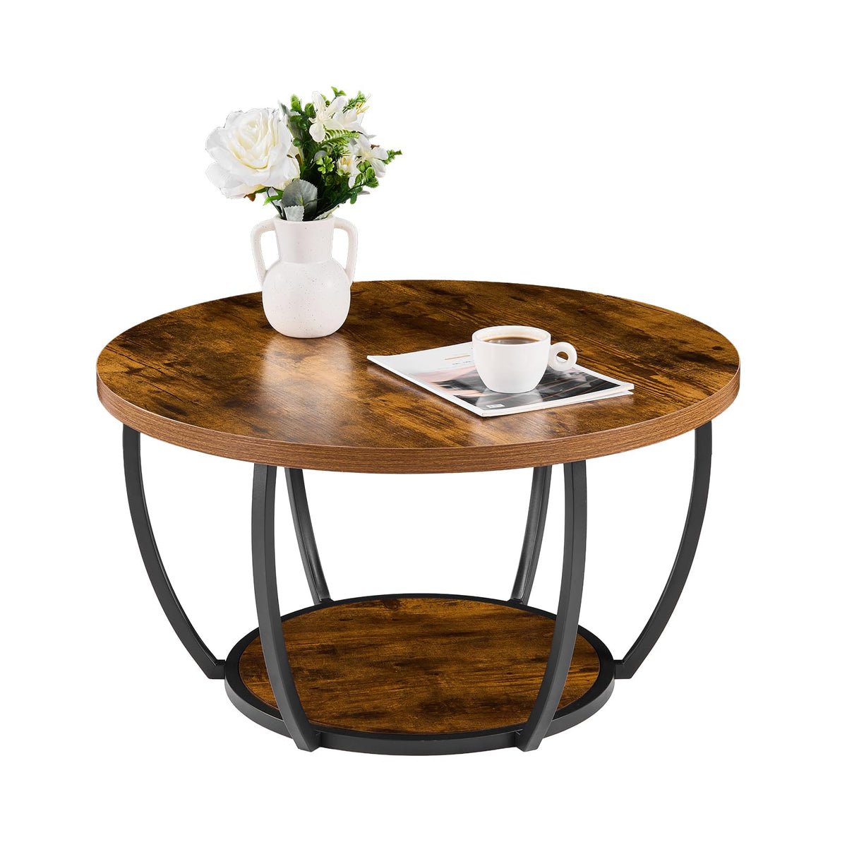 Round Coffee Table, 31.5" 2 Tiers Wooden with Metal Frame, Rustic Brown U81707