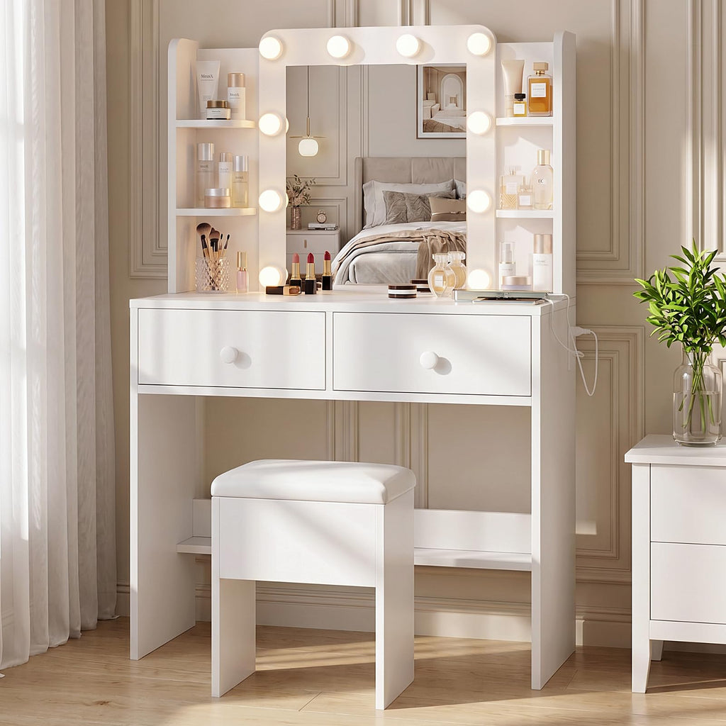 White Vanity Desk with Mirror and Chair Set P8913