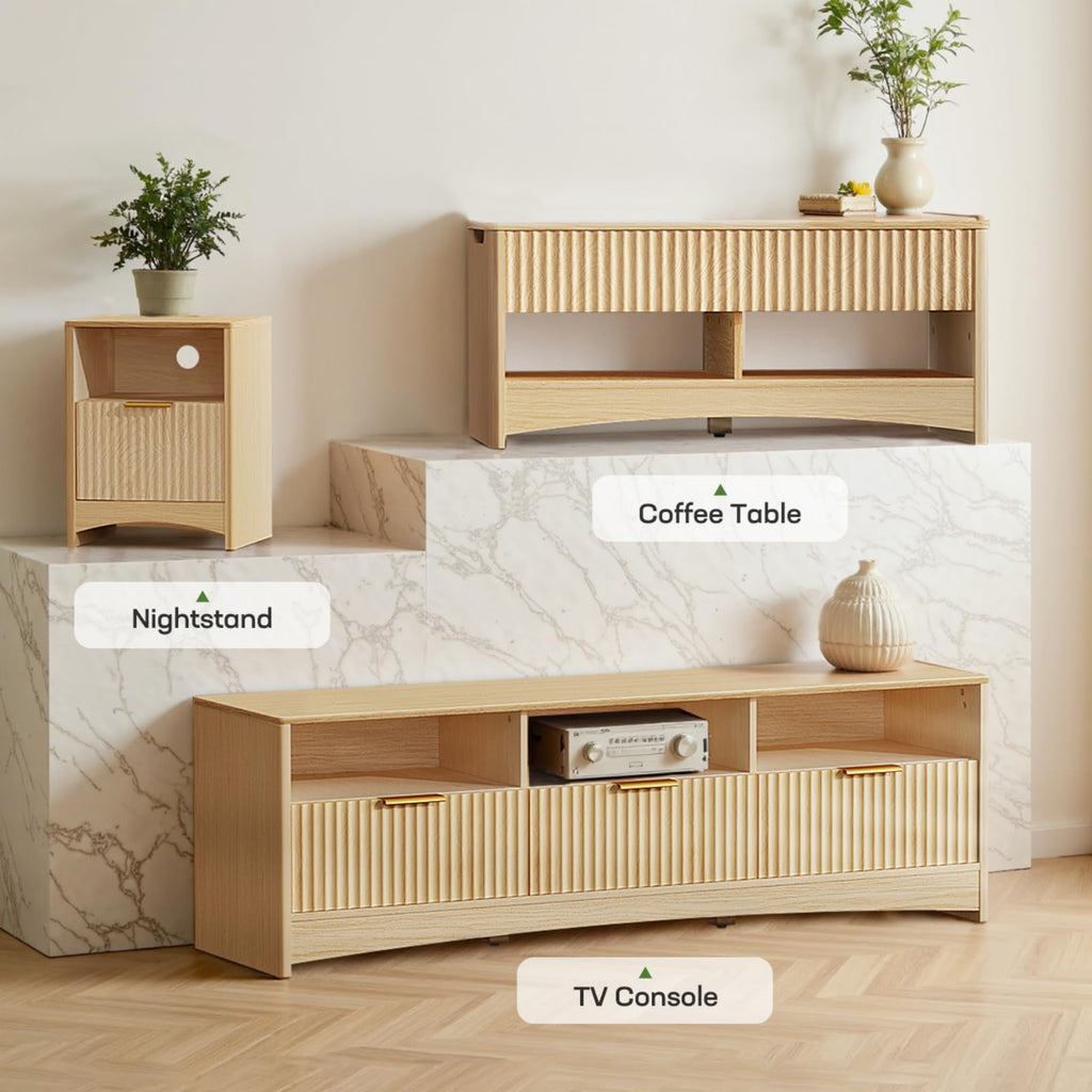 59″ Wide 3 Drawer TV Stand with Open Shelves, Natural Oak O49410