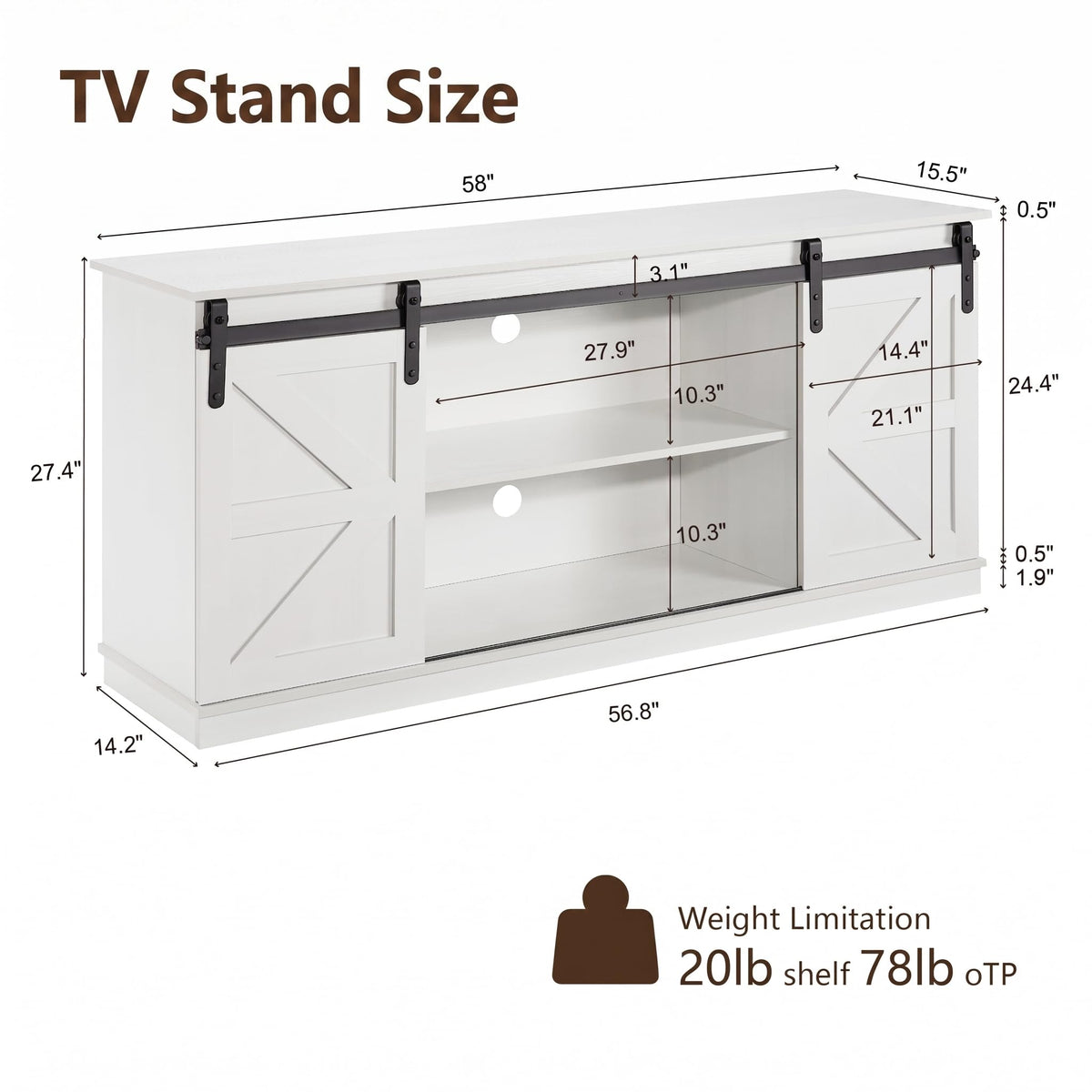 White 58'' TV Stand with Sliding Barn Doors L5517