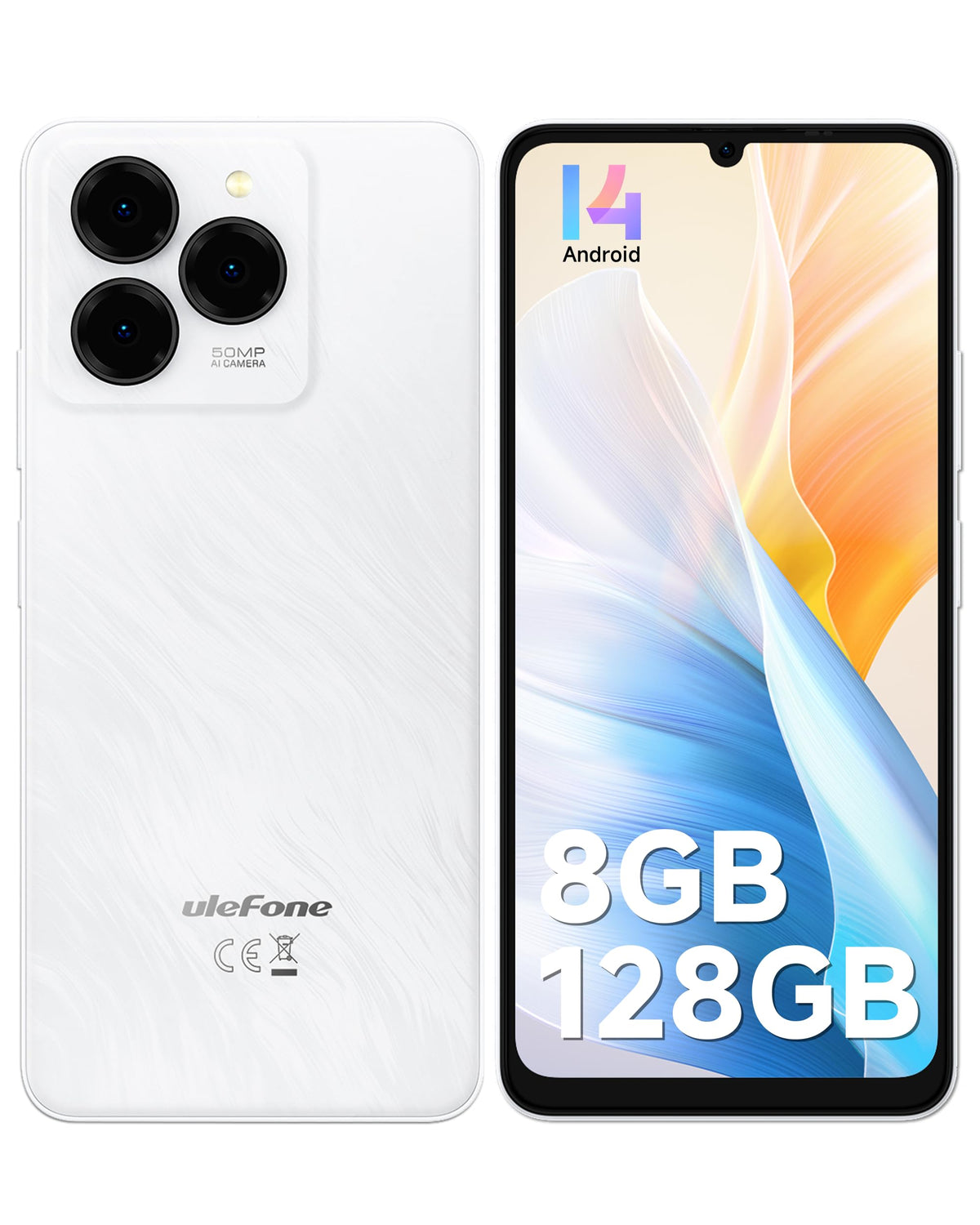 Unlocked Smartphone 8GB+128GB 6.75" 90Hz Android 14 50MP Camera 6000mAh White L3175