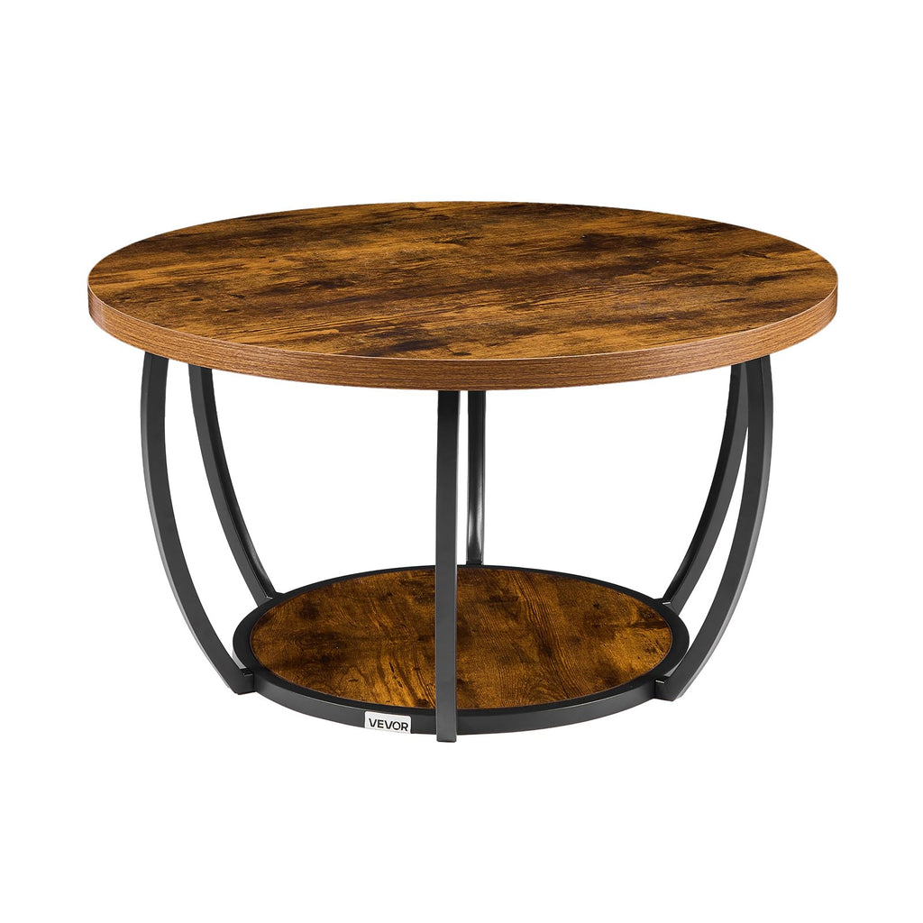 Round Coffee Table, 31.5" 2 Tiers Wooden with Metal Frame, Rustic Brown U81707